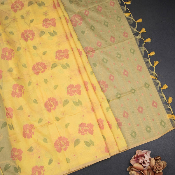 Silk Cotton Yellow Floral Thread Work Saree