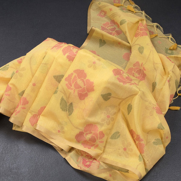 Silk Cotton Yellow Floral Thread Work Saree