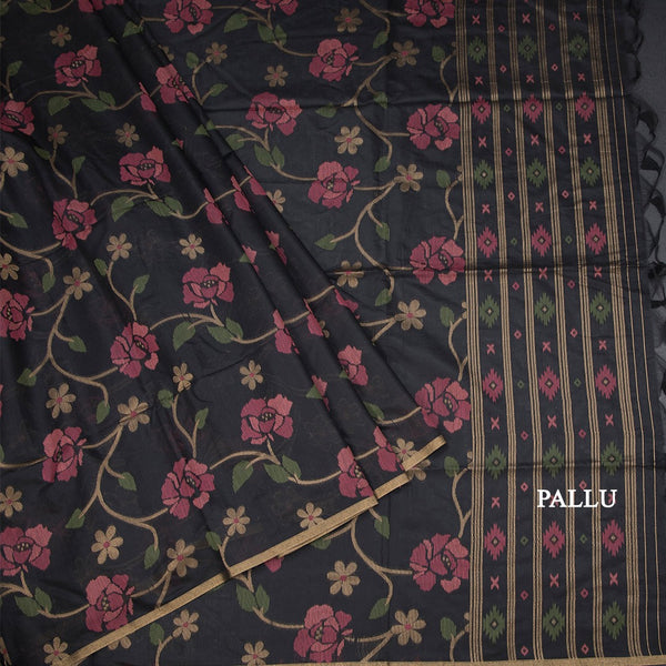 Silk Cotton Black Floral Thread Work Saree