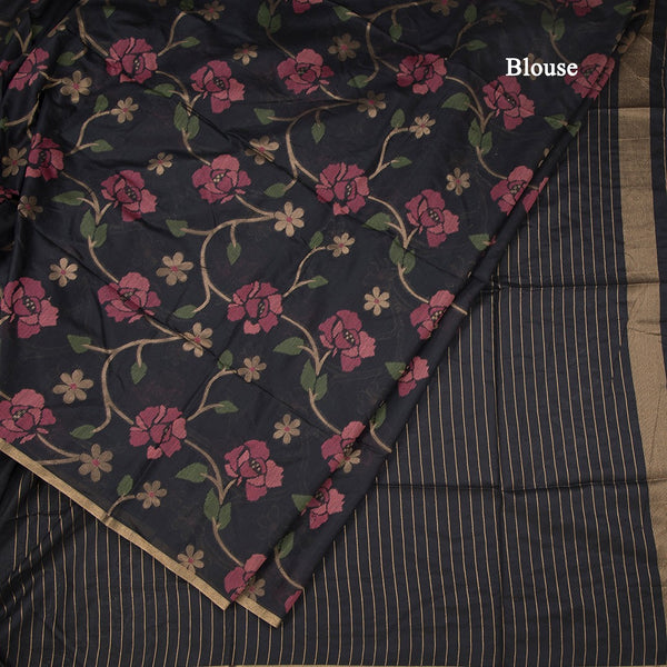 Silk Cotton Black Floral Thread Work Saree
