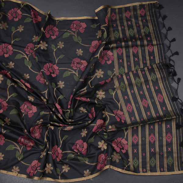 Silk Cotton Black Floral Thread Work Saree