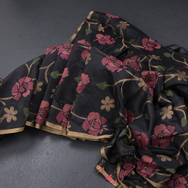 Silk Cotton Black Floral Thread Work Saree