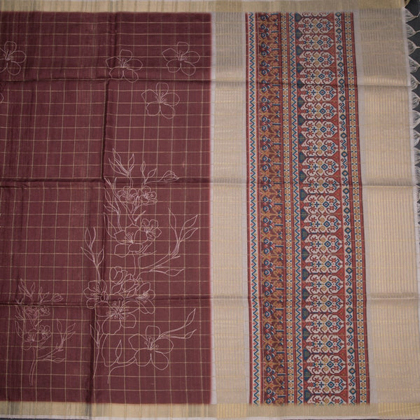 Raw Silk Maroon Checks With Printed Saree