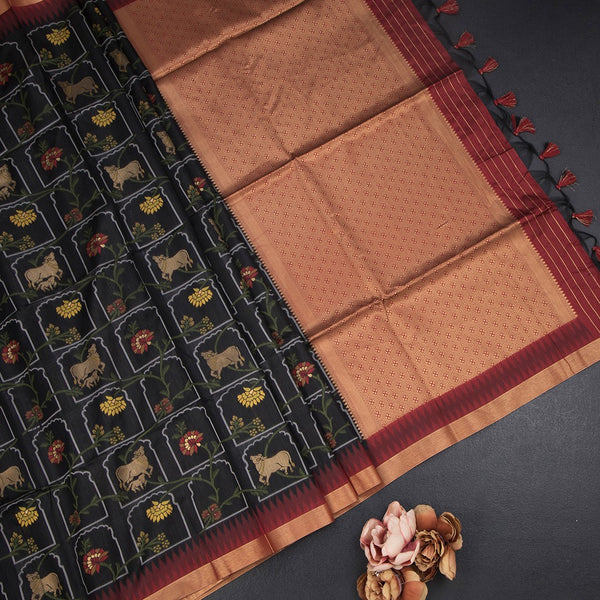 Raw Silk Black Printed Saree And Zari Border
