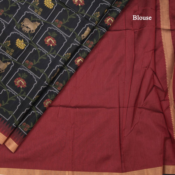 Raw Silk Black Printed Saree And Zari Border