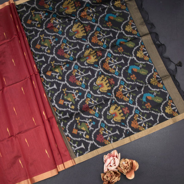 Silk Cotton Maroon Saree With Malli Moggu Design