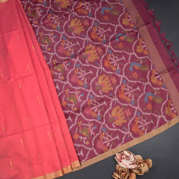 Silk Cotton Peach Saree With Malli Moggu Design