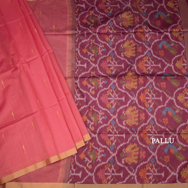 Silk Cotton Peach Saree With Malli Moggu Design