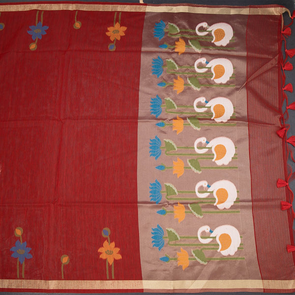 Raw Silk Red Thread Work Saree