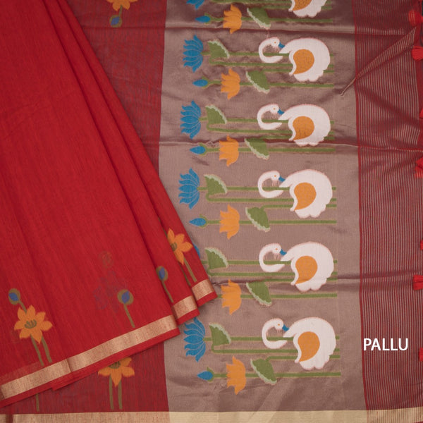 Raw Silk Red Thread Work Saree