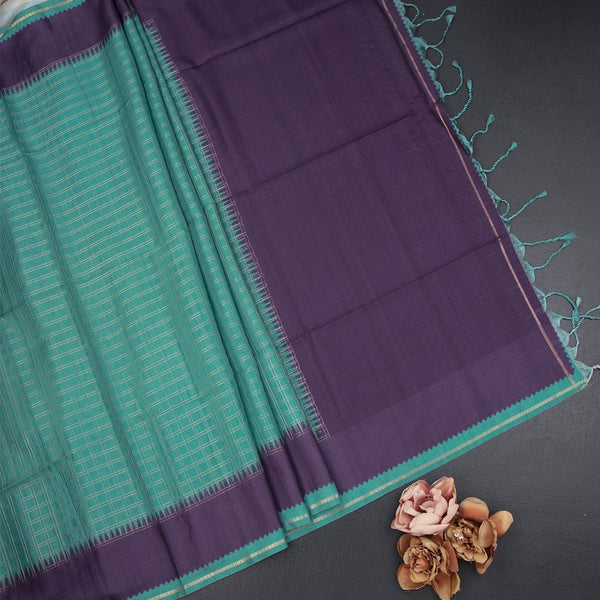Raw Silk Peacocok Green Zari Checked Saree