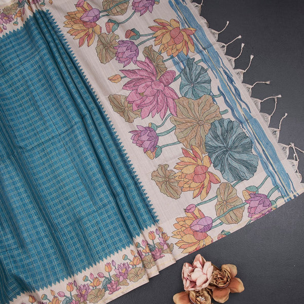 Raw Silk Peacock Blue Zari Checked Saree