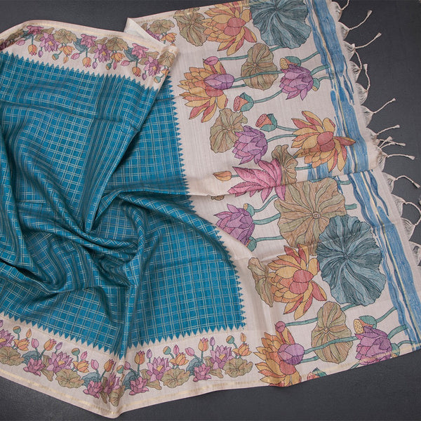 Raw Silk Peacock Blue Zari Checked Saree