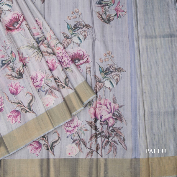 Raw Silk Grey Floral Printed Saree
