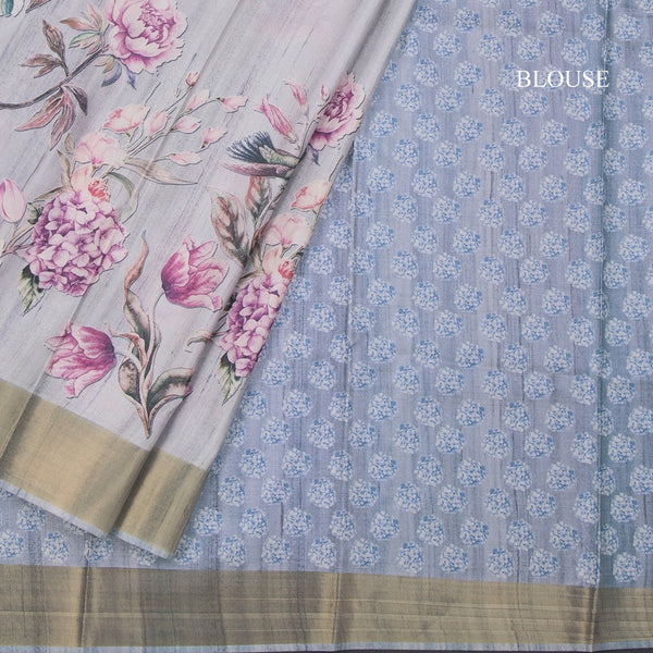 Raw Silk Grey Floral Printed Saree