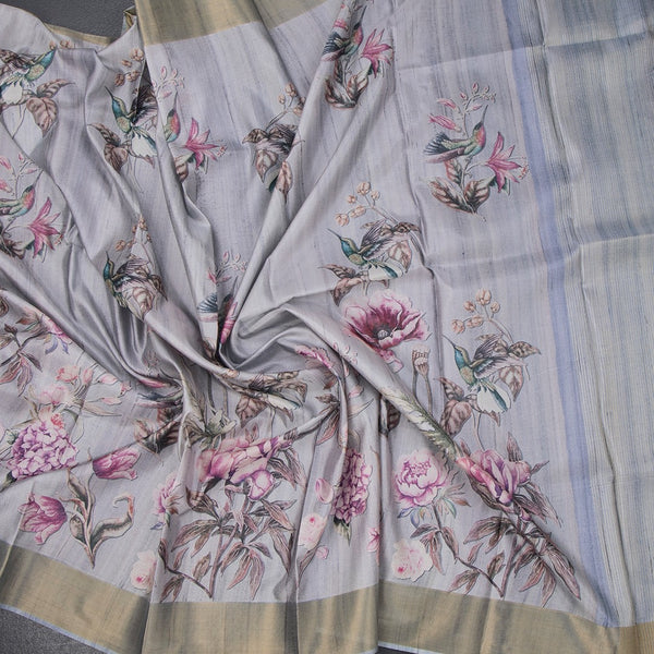 Raw Silk Grey Floral Printed Saree