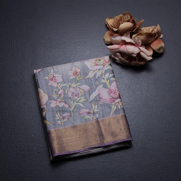 Raw Silk Grey Floral Printed Saree 02