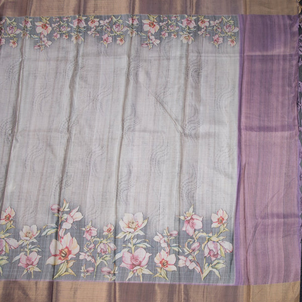 Raw Silk Grey Floral Printed Saree 02