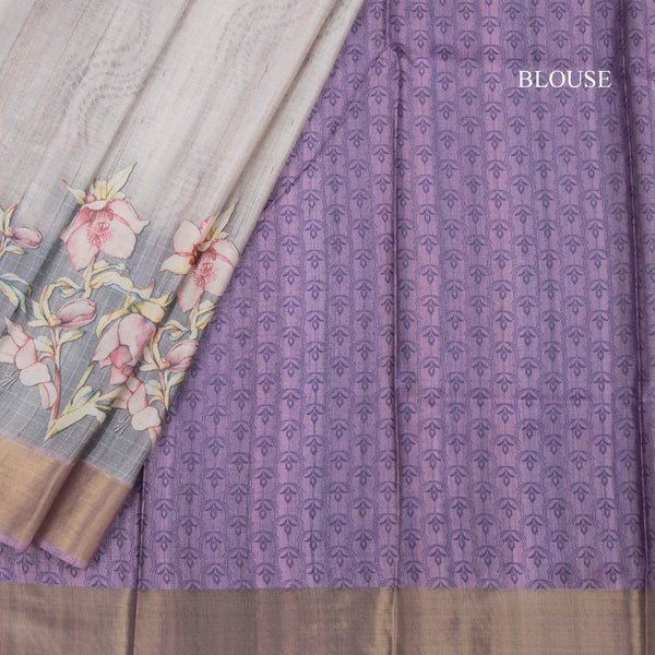Raw Silk Grey Floral Printed Saree 02