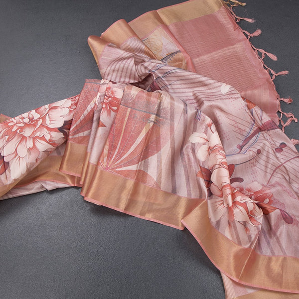 Raw Silk Peach Floral Printed Saree 04
