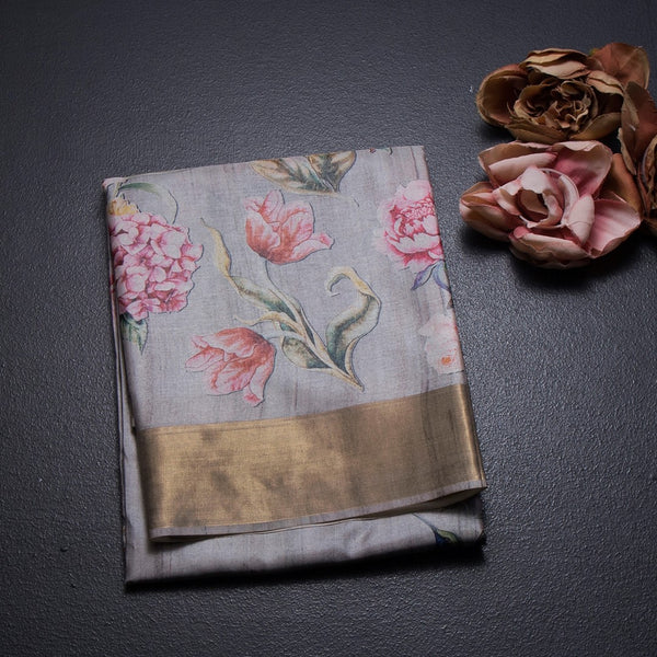 Raw Silk Grey Floral Printed Saree 03