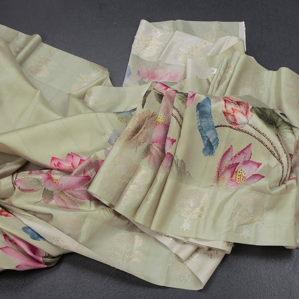 Raw Silk Pista Green Floral Printed Saree