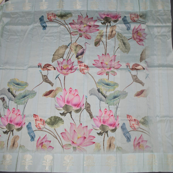 Raw Silk Ice Green Floral Printed Saree