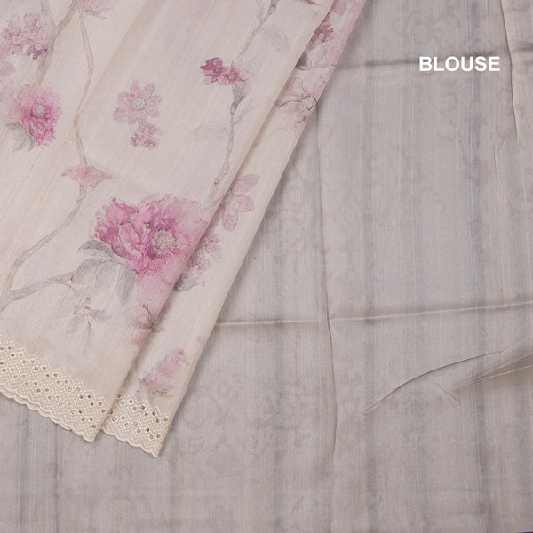 Raw Silk Cream Floral Printed Saree 05