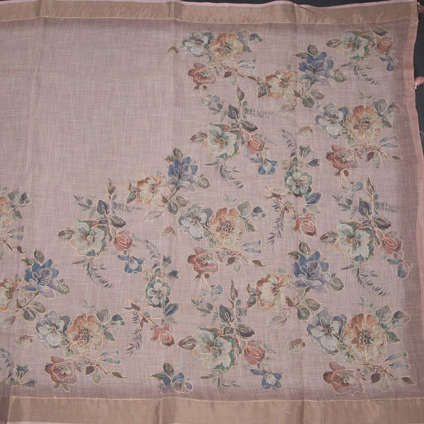 Semi Linen Light Peach Floral Printed With Zari Thread Work Saree