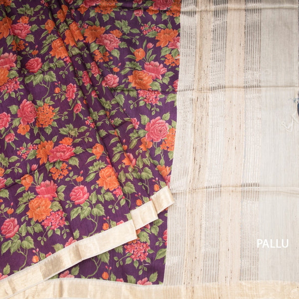 Pure Tussar Purple Floral Printed Saree