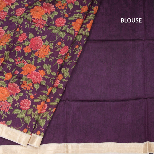 Pure Tussar Purple Floral Printed Saree