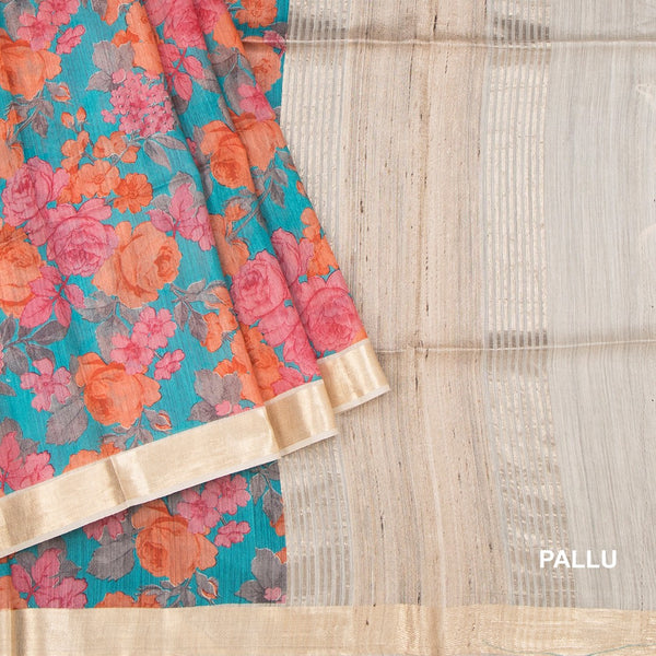 Pure Tussar Blue Floral Printed Saree 04