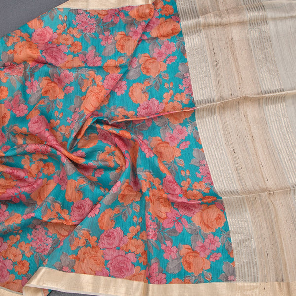Pure Tussar Blue Floral Printed Saree 04