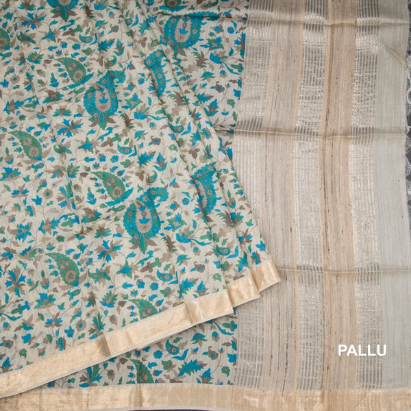 Pure Tussar Cream Leaf Printed Saree