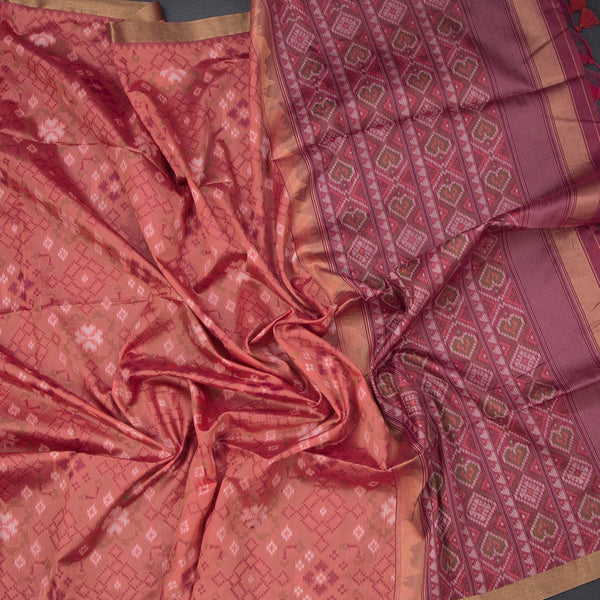 Raw Silk Dark Peach Printed Saree