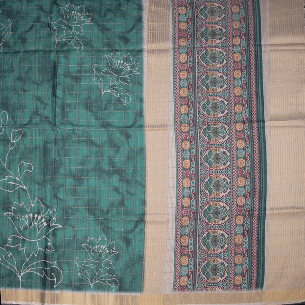 Raw Silk Teal Blue Zari Checked With Printed Saree