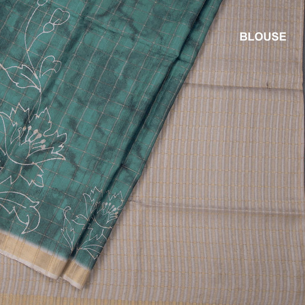 Raw Silk Teal Blue Zari Checked With Printed Saree