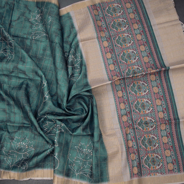 Raw Silk Teal Blue Zari Checked With Printed Saree