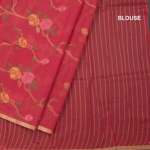 Silk Cotton Red Floral Thread Work Saree 02
