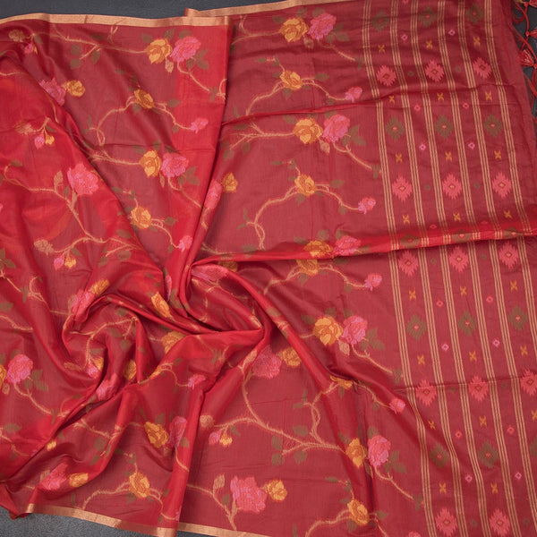Silk Cotton Red Floral Thread Work Saree 02