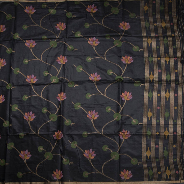 Silk Cotton Black Floral Thread Work Saree 02