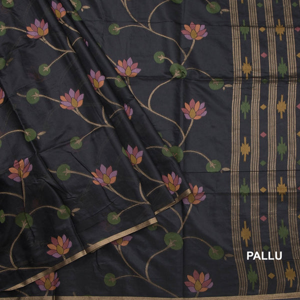 Silk Cotton Black Floral Thread Work Saree 02