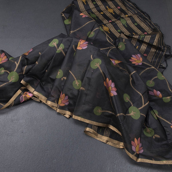 Silk Cotton Black Floral Thread Work Saree 02