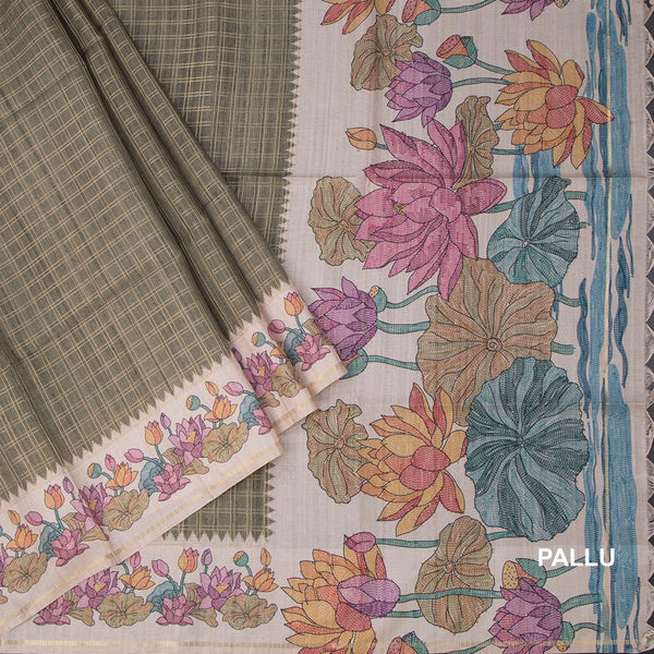 Raw Silk Mehandi Green Zari Checked Saree