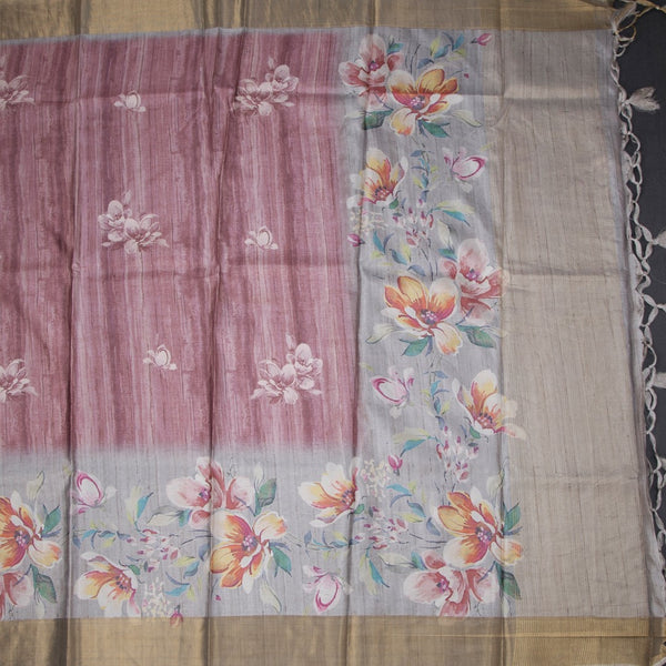 Raw Silk Light Maroon Floral Printed Saree