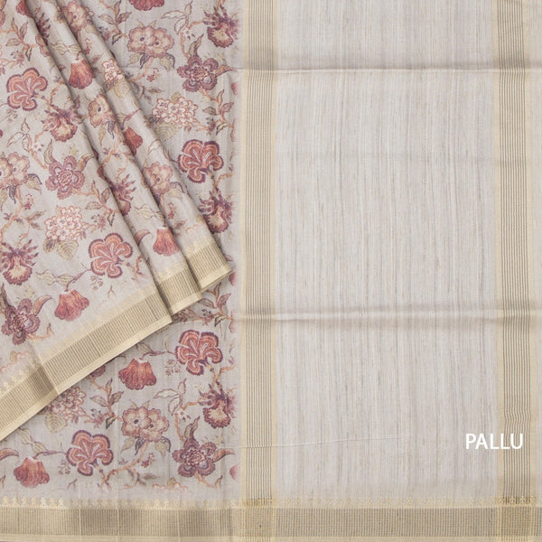 Raw Silk Grey Floral Printed Saree 04