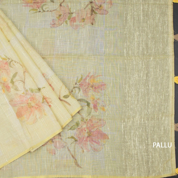 Linen Yellow Floral Printed Saree