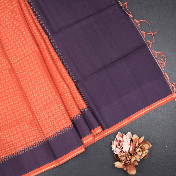 Raw Silk Dark Orange Zari Checked Saree