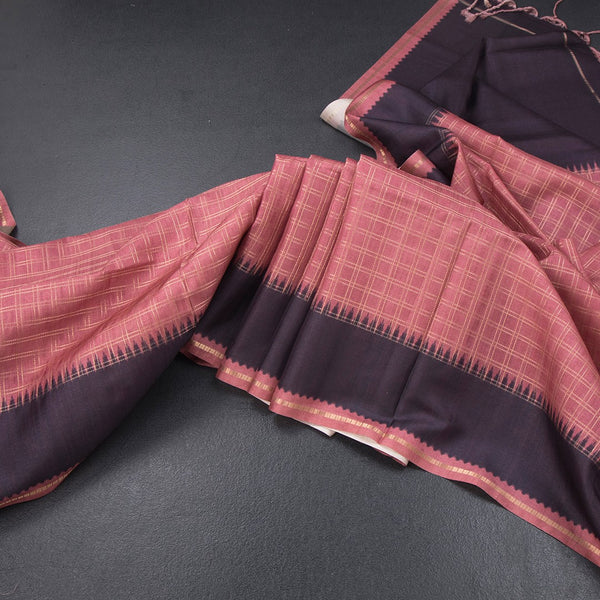 Raw Silk Dark Peach Zari Checked Saree