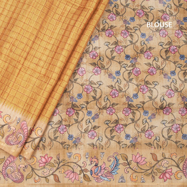 Raw Silk Golden Brown Zari Checked Saree